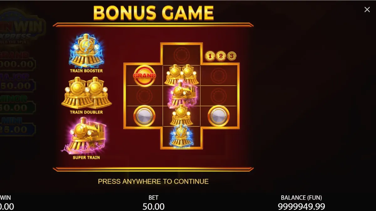 Tampilan visual slot Coin Win Express dengan tema kereta api dan simbol buah klasik.